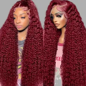 180% Density Burgundy 13x6 Lace Frontal Human Hair Deep Wave Wig  99J Curly Wigs  Pre Plucked Beginner Friendly Wig Smooth HD Transparent Lace Wig