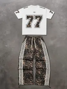 Trendy Streetwear Menswear Short-Sleeve Long Pants Set, Oversized Short-Sleeved + Straight-Leg Leopard Print Sweatpants, High-Street Hip-Hop Style, Trendy Two-Piece