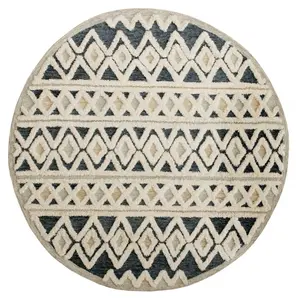 4' Round Blue and Cream Stripe Diamond Area Rug