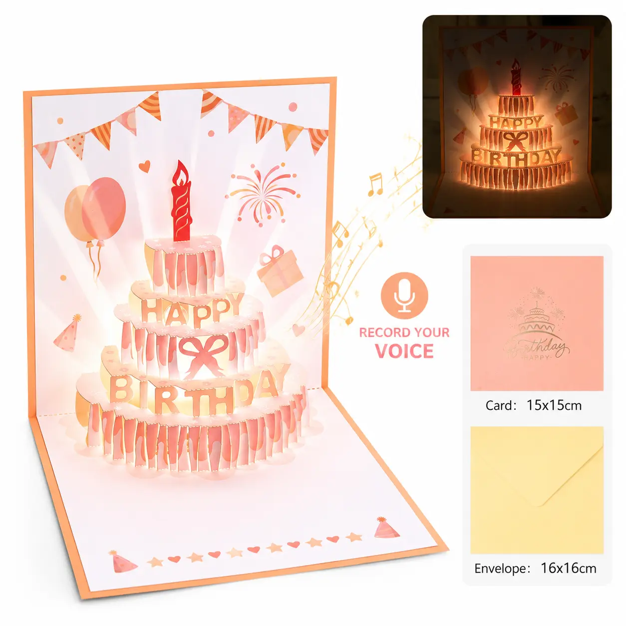 "Send Your Voice When You Can't Be There!" Recordable 3D Pop Up Birthday Card, Light up Musical Cake Greeting Card, Voice Memo Recorder Card for Long Distance Family & Friends