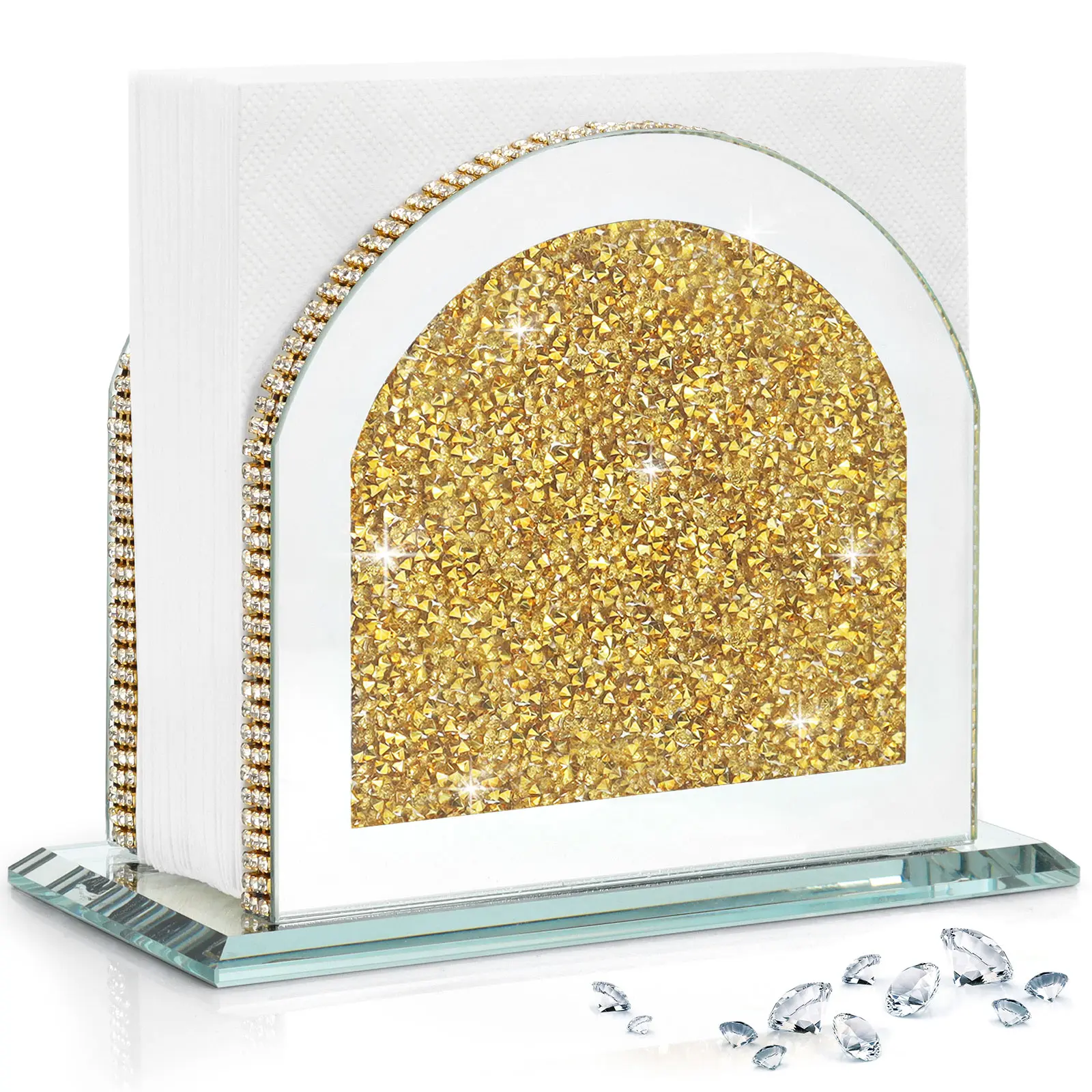 Golden Crushed Diamond Sparkle Crystal Glass Napkin Holder - Bathroom Accessories Organizer, Classic Compact Wipe Dispenser with Weighted Base, Luxury Home Decor Christmas Gift Item