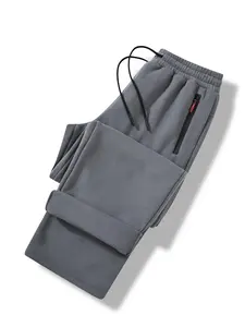 Men's Solid Zipper Pocket Drawstring Waist Polar Fleece Pants, Regular Fit Casual Comfy Thermal Straight Leg Trousers for Daily Wear, Men's Bottoms for Winter