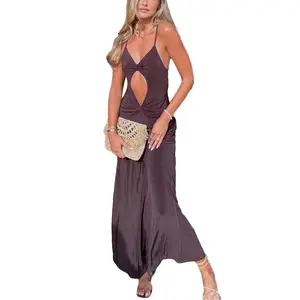 Women Cutout Dress, Sleeveless Off Shoulder V Neck Patchwork  Casual Club Party  Dress Elegant Fashion Womenswear Chic Formal Polyester Heart Light Spring Summer Workwear Brown