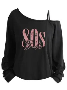 Plus Size Women's Loose-Fit Long Sleeve Cami Top, Asymmetrical Neckline, Letter Print, All Seasons, Sizes 1-8xl