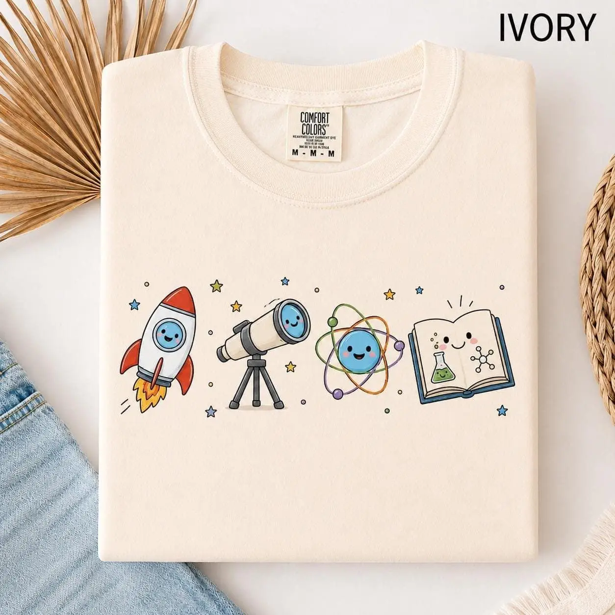 Cute Science Teacher Shirt, STEM Teacher Tee, Rocket Telescope Atom Book T-Shirt, Back to School Gift
