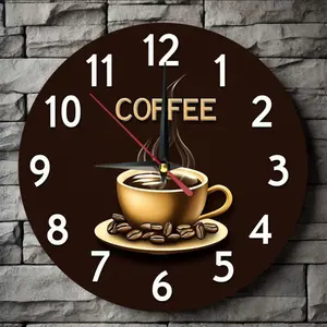 A wooden round clock with a coffee theme, perfect for farmhouse-style home decor. It can be placed in the kitchen, bedroom, or office. It is easy to read, silent, and does not require batteries. The size is 9.8X 9.8inch cm