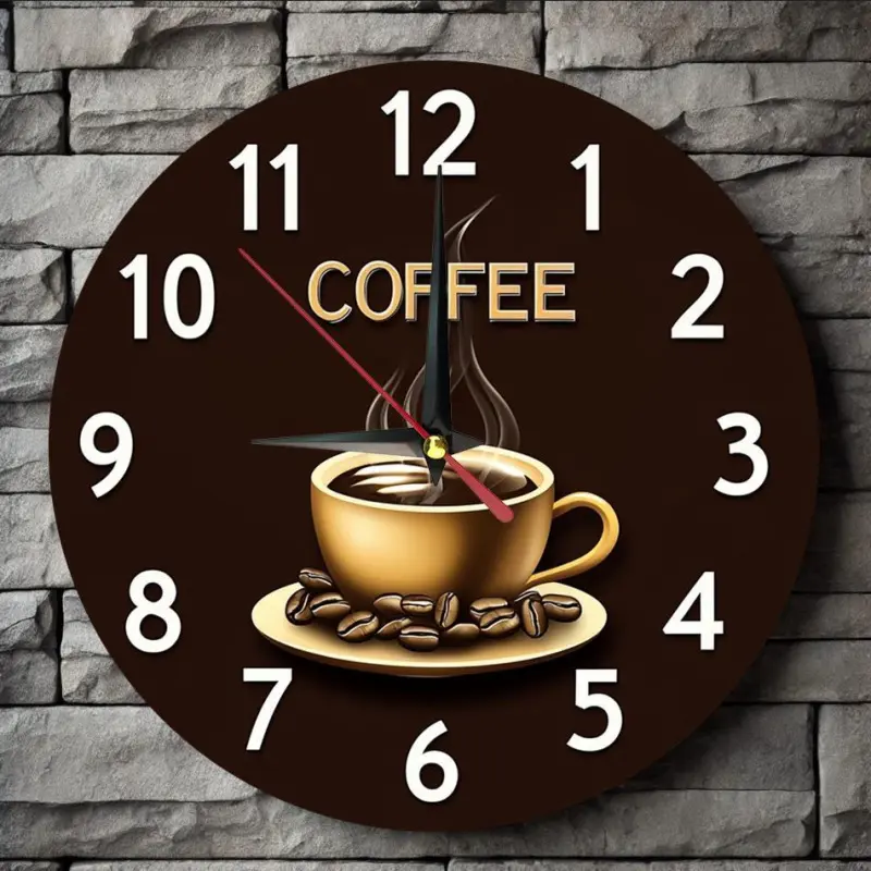 A wooden round clock with a coffee theme, perfect for farmhouse-style home decor. It can be placed in the kitchen, bedroom, or office. It is easy to read, silent, and does not require batteries.