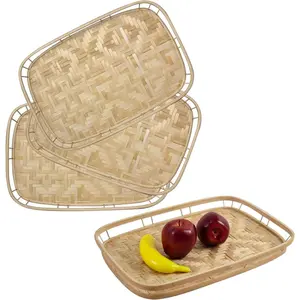Bamboo Tray, Trays for Dining Table, Coffee Table, Breakfast Wooden Serving Trays, Dinner Tray, Eating on Couch, Handwoven Tray, Wicker Trays for Living Room, Rustic Decor Cafeteria Tray (4)