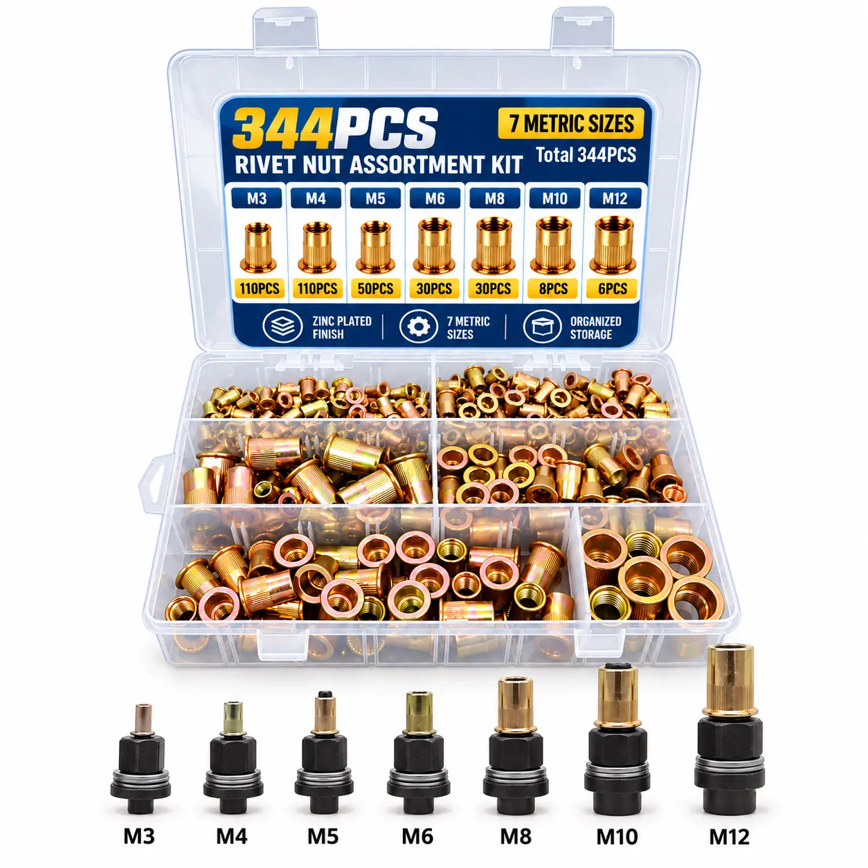344-Piece Metric Rivet Nuts + Tools Set, M3-M12 Sizes, Zinc-Plated Ribbed Inserts, 7 Tool Accessories, with Storage Box