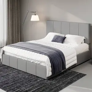 Full/Queen/King Size Dutch Velvet Upholstered Platform  Frame/Vertical Channel Tufted Adjustable Headboard/Low Profile  Frame/No Box Spring Needed/Easy Assembly, Grey LED Cloud Bed