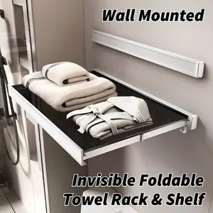 Invisible Foldable Bathroom Towel Rack & Shelf - No Drilling Wall Mounted Organizer - Retractable Space Saver Clothes Hanger for Shower