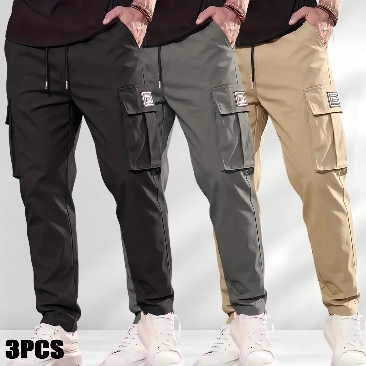 Men’s 3PCS Plain Loose Tactical Work Trousers (Menswear) - Elastic Waistband, Multiple Pockets, Decorative Zipper, Various Colors, Suitable for Everyday Wear & Spring-Summer Outdoor Activities