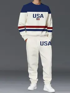 Blue Striped Letter Print Full Body Round Neck Fitted Set, Casual Long Sleeve Sweatshirt + Leisure Pants 2 Piece Set, Unisex Couple