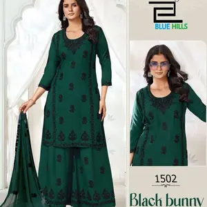 Green color size 38 available Designer Kurti Bottom & Dupatta 3pcs Suit Rayon Fabric with Black Thread Work Salwar Kameez for Women - Top, Fit
