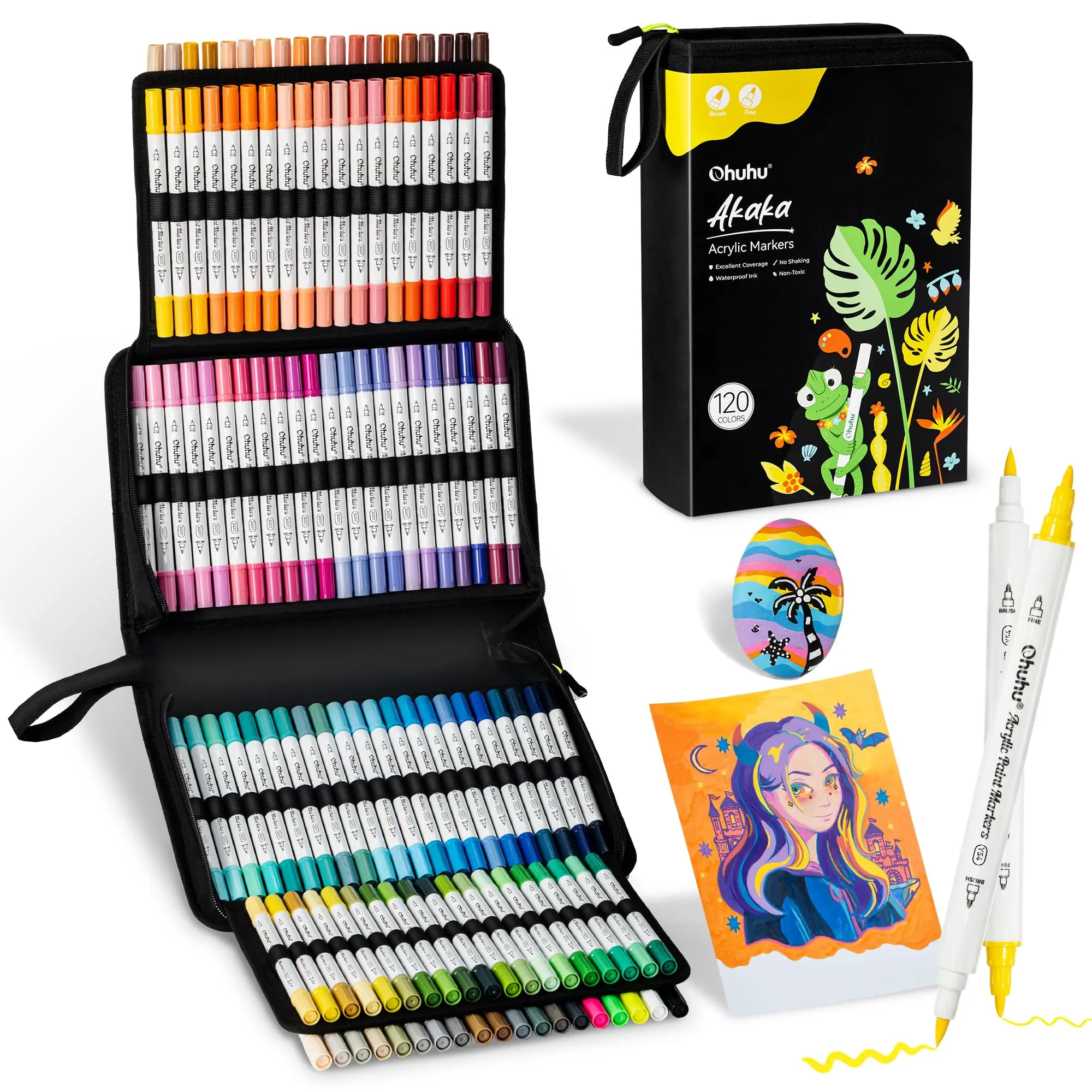 Ohuhu Acrylic Paint Markers: Brush & Fine Dual Tips - 72 Colors / 120 Colors - Paint Pens High Opacity Acrylic Markers Waterproof Lightfast for Christmas Gifts Rock Painting 3D Prints Egg Wood Glass Ceramic DIY Crafts - Akaka Series of Ohuhuart