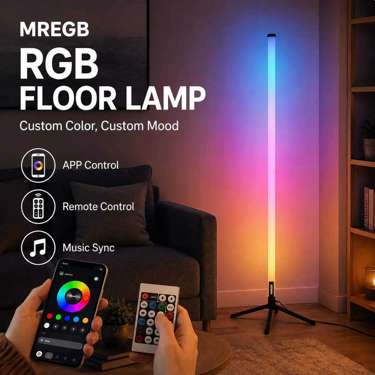 MREGB RGB LED Corner Floor Lamp, Smart App & Remote Control Ambient Light, 16M Colors Music Sync Dimmable Mood Lighting, Modern Decor for Living Room Bedroom Gaming Room, Christmas Birthday Gift