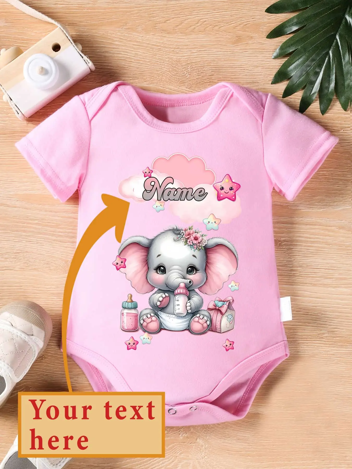 Personalized Baby Girl Bodysuit Custom Name Cute Baby Elephant Star Cloud Print Short‑Sleeve Infant Onesie