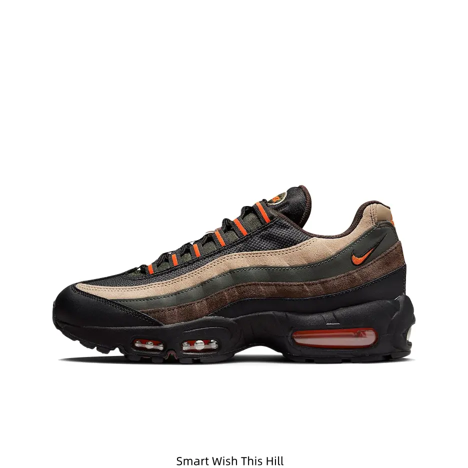 Olive‑Tan Orange Accent Low‑Top Air Cushion Sneakers, Layered Mesh Upper, Black Rugged Outsole, Lace‑Up Closure, Unisex Retro Street Casual Footwear