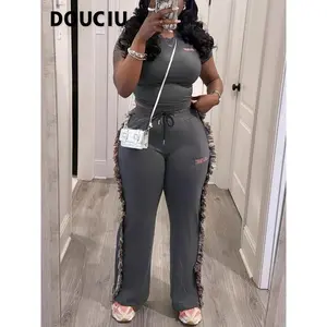 Women's letter embroidered fringe sports pants set, casual street short sleeved T-shirt and tie front pants, suitable for daily wear, women's summer wear