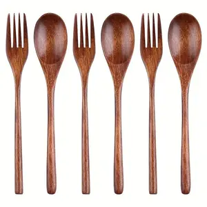 Wooden Tableware Set, 6pcs/set Wooden Spoon & Fork, Kitchen Flatware for Food, Desserts, Soup, Salad, Fruit, Tableware Set for Home Kitchen Dining Room