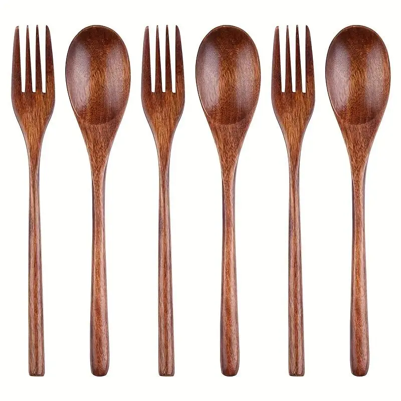 Wooden Tableware Set, 6pcs/set Wooden Spoon & Fork, Kitchen Flatware for Food, Desserts, Soup, Salad, Fruit, Tableware Set for Home Kitchen Dining Roo