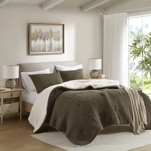 360 Stand Soft Bedding Sets, Twin Size Riordan Waffle Knit Chenille Comforter Set - Brown, 66x90x1.5 in, Polyester Fill, Machine Washable, OEKO-TEX Certified