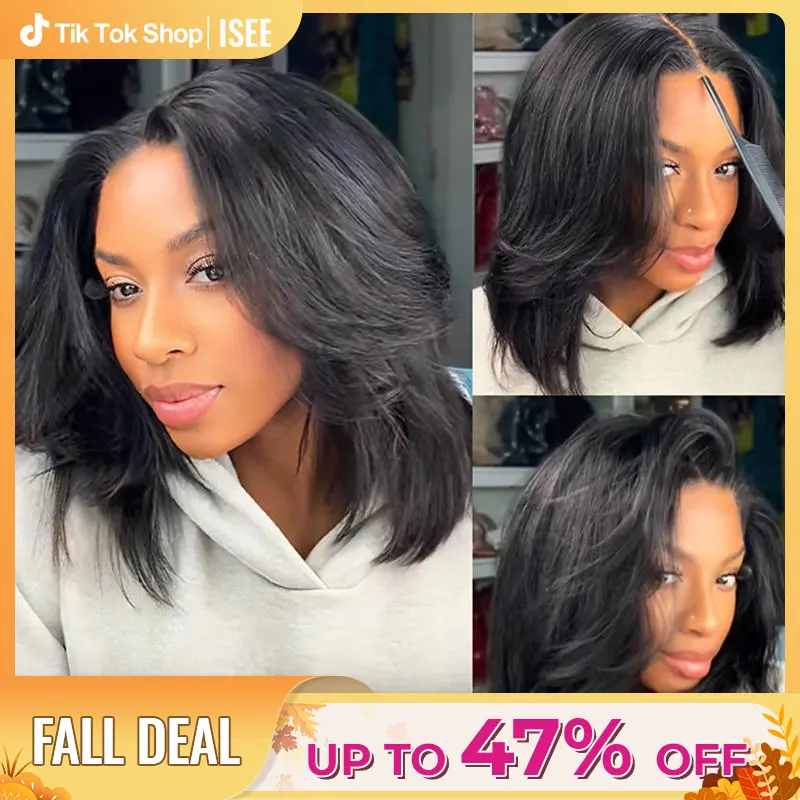 ISEE HAIR Wear Go 9x6 T-Part Layered Cut Bob Yaki Straight Wig Glueless Human Hair–Drawstring Lace Frontal Wig Pre-Cut & Pre-Bleached & Pre-Plucked Hairline & Deep Part Beginner Friendly#TikTokShopFallDealsForYou
