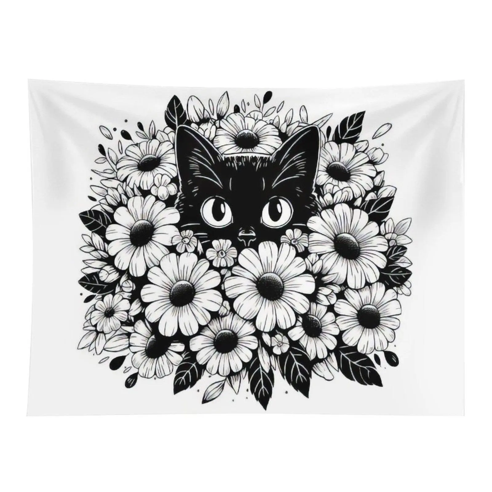 Black Cat Surrounded By Daisy Flowers Monochrome Line Art Wall Tapestry Gothic Cute Kitty Pattern Wall Hanging for Room Aesthetic