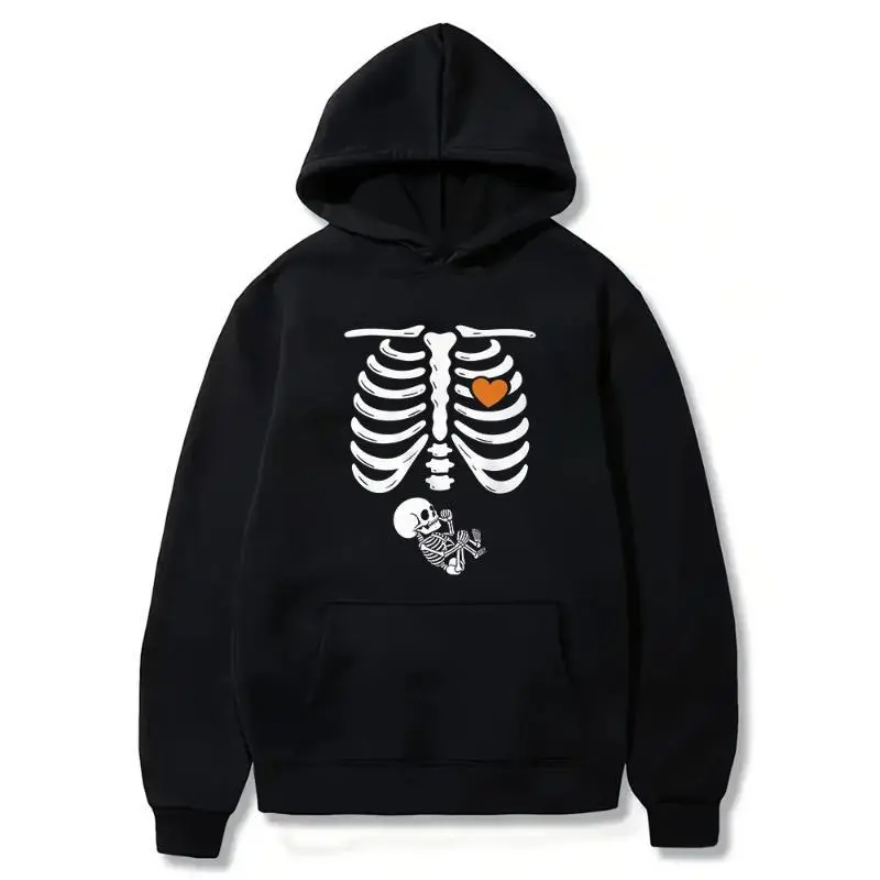 Maternity Halloween Pregnant Skeleton Hoodie - 100 Cotton Short Sleeve Fitted Hoodie - Lightweight Fold Foldable Autumn Sweatshirt - Baby Reveal Pregnancy Announcement, S, Short Sleeve Hoodie