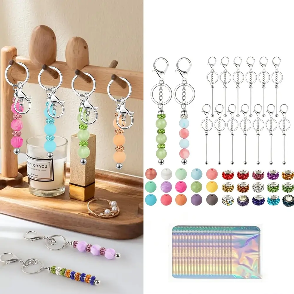 Unisex Bulk Beadable Keychains Set - DIY Blank Keychain Bars, Metal Beads, Silicone Spacers, Spacer Beads for Craft Projects