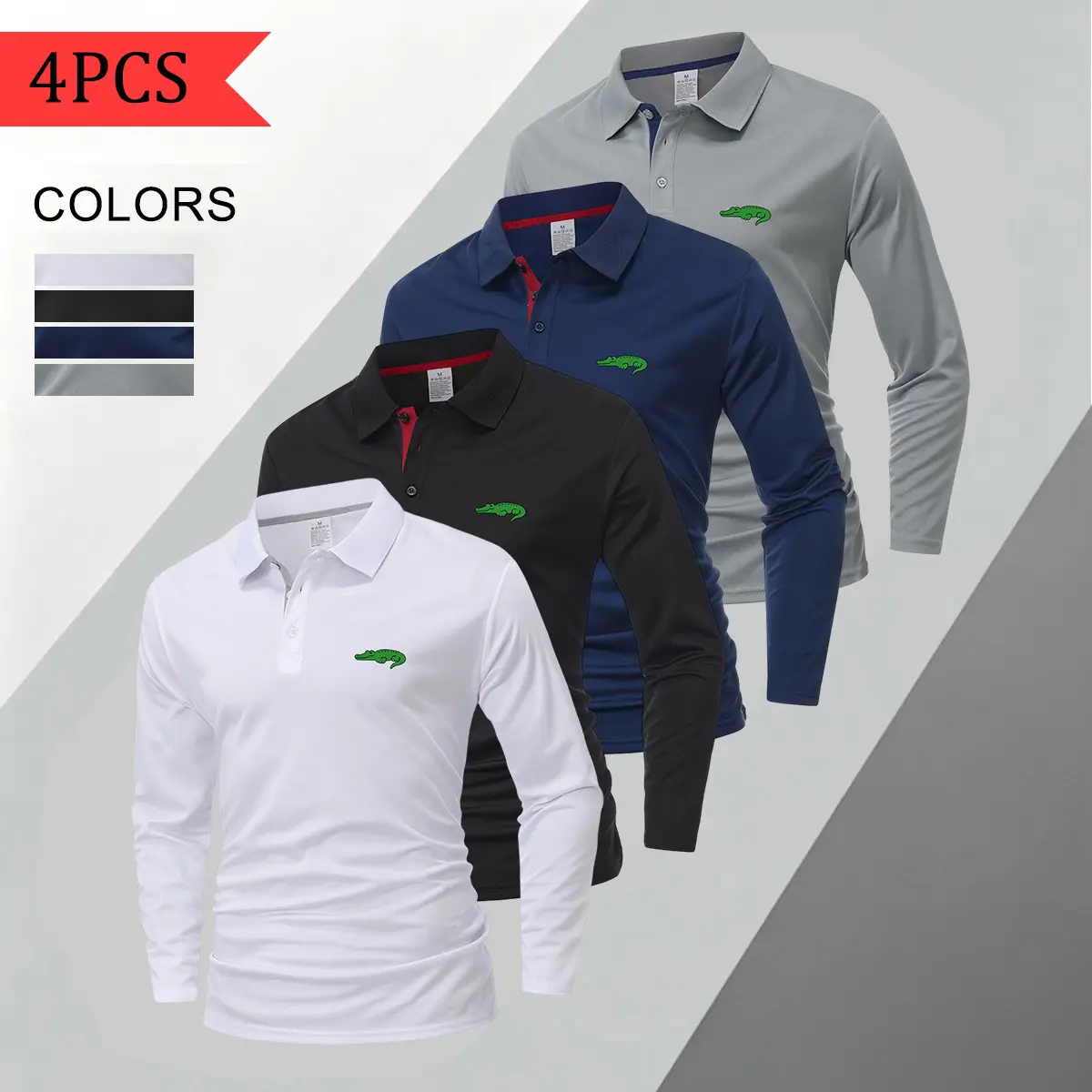4-pack men’s spring/summer/autumn sports casual polo shirts, golf shirts, cartoon crocodile print, solid-color casual athletic shirts for going out, home, office, and everyday life