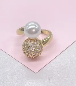 18k Gold Filled Adjustable Dual Ring With Pearl and CZ