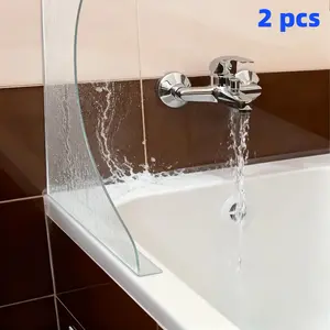2pcs Transparent Curved Splash Guards - Heavy-Duty Splash-Proof Design, Tool-Free Adhesive Installation (No Drilling), Durable Acrylic Bathroom Guards with Modern Curved Shape for Bathtub, Sink, Shower - Splash Protection