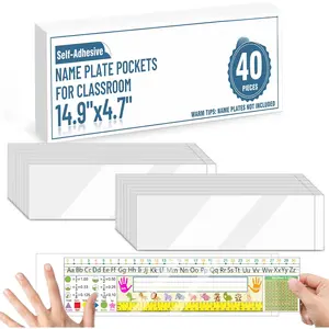 40 count Nameplate Pocket, 14.9" x 4.7" Adhesive Desk Name Tag Sleeves Easy Remove Nameplates Holder, Thicken Clear Scratch Proof Name Tag Pockets for Classroom Desk