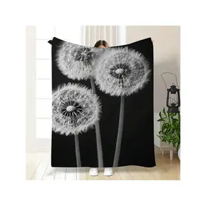 Soft Flannel Blanket with Black & White Dandelion Print - Stylish Cozy Home Throw