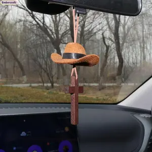 Cowgirl Car Charm Hanging Decor, Western Cowboy Hat & Cross Rearview Mirror Pendant, Cute Boho Car Accessory for Truck, SUV & Aesthetic Interior Styling