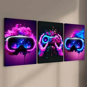 3 count wooden frame canvas, Graffiti game console poster, cool game room decoration, stylish living room decoration, Modern family poster, exquisite corridor wall art, HD, waterproof