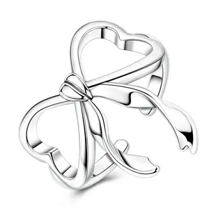 NARMO Women's Bow Open Ring, S925 Sterling Silver Plated Adjustable Minimalist Heart Ring, Exquisite Geometric Lines, a lovely gift for girls and women.