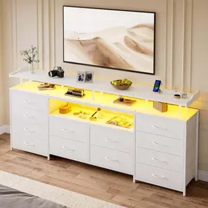 Sikaic 63 Inches TV Stand Dresser with LED Lights and Charging Station White Shelf Storage Apartment Furniture