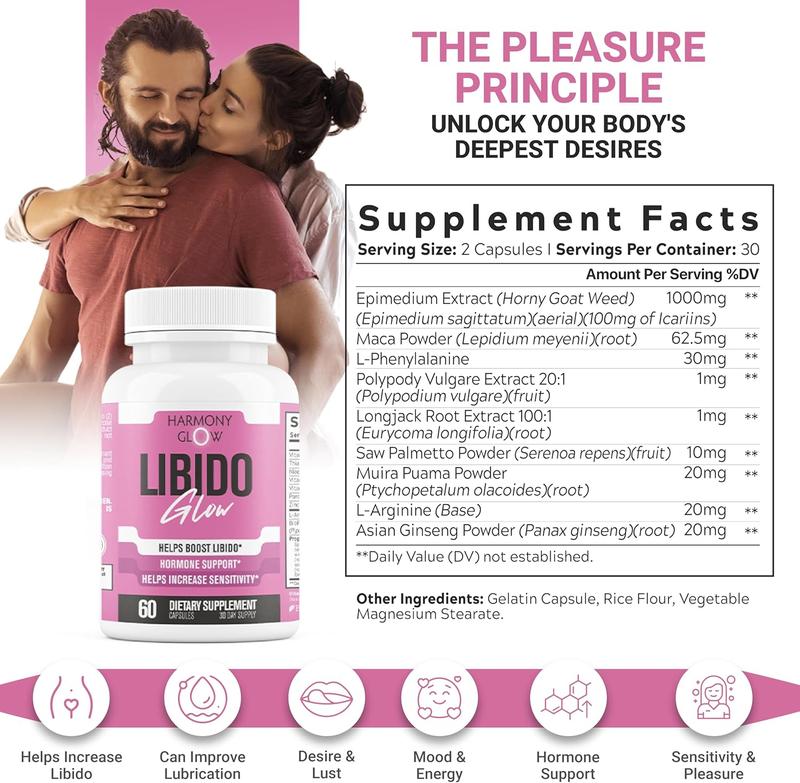 Harmony - Libido GLOW - Max Strength Libido Booster for Women | Heighten Sensitivity, Reduce Dryness, Energy Booster, Boost Desire & Mood | 9 Ultra Ingredients for Fast Results - 60 Capsules