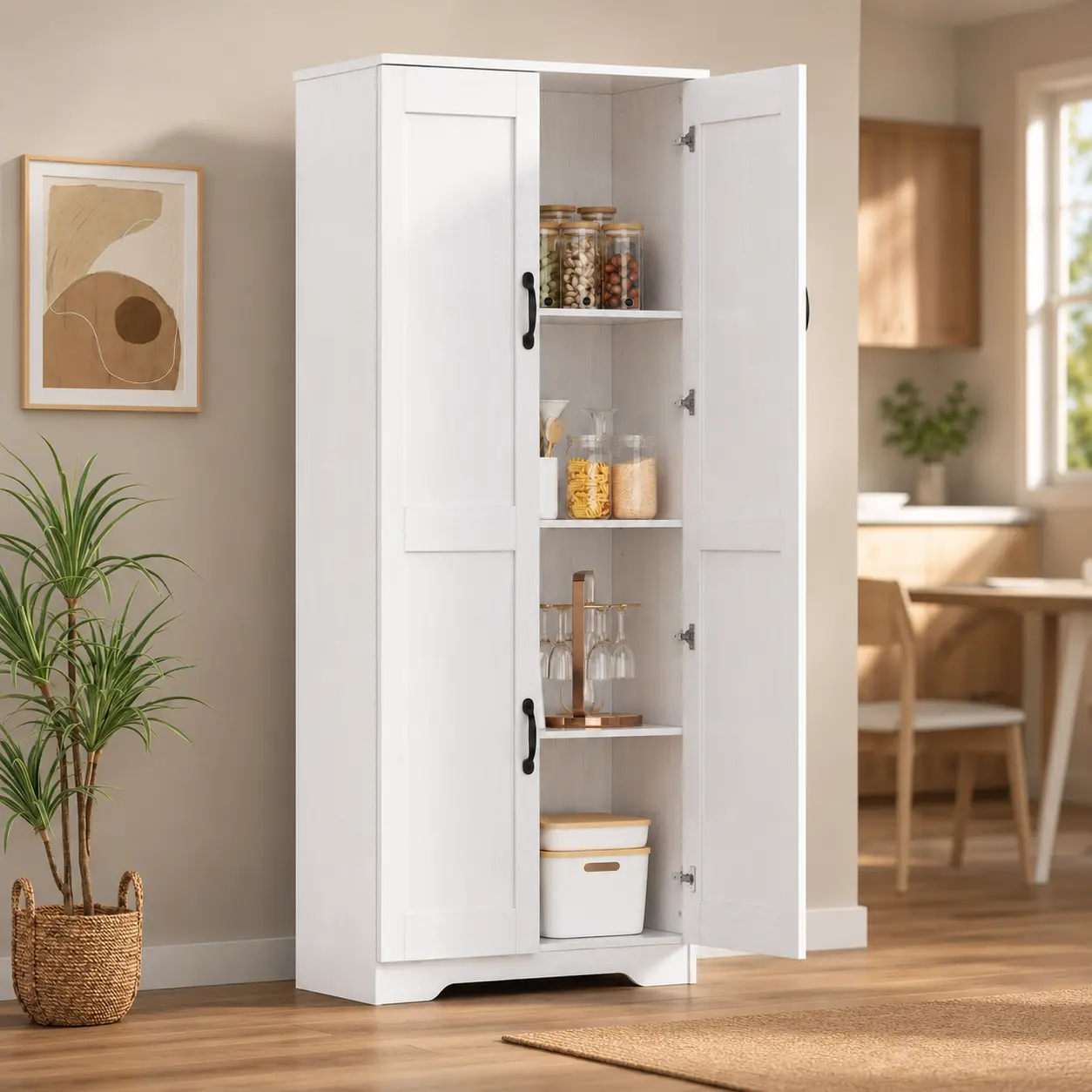 Garvee 60" Tall Freestanding Kitchen Pantry Cabinet with 2 Doors - Adjustable Shelves - Anti-Tip Safety Kit - Modern Space-Saving Storage Cupboard for Dining Room, Bathroom or Laundry