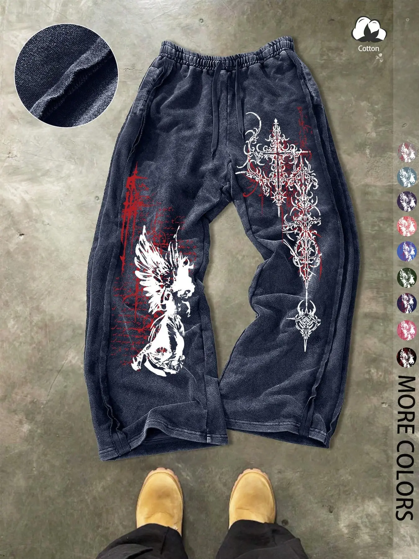 Men's and women's, Gothic style, featuring angels and Gothic runic patterns on cotton athletic pants, Casual athletic trousers, water-washed cotton, with vintage details, Fitted construction, suitable for streetwear and Y2K outfits, Casual fashion pants