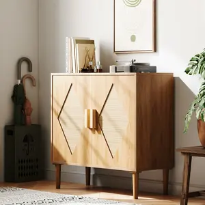 Rattan Accent Cabinet with Storage, Two-Door Sideboard with Woven Decor, Storage Buffet for Living Room, Dining Room, Entryway, Kitchen Organization