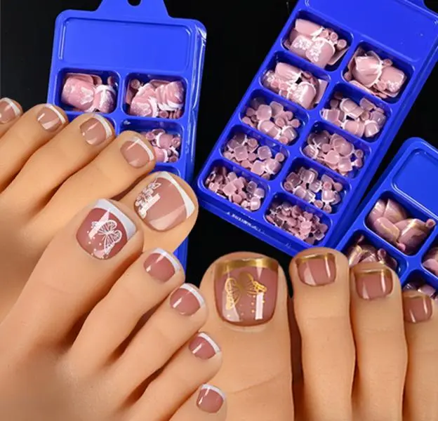 1Box Short Square White French Fake Toenail Glossy Butterfly/Cherry Blossom Pattern Full Cover Toe Press On Nail False Toe Nails