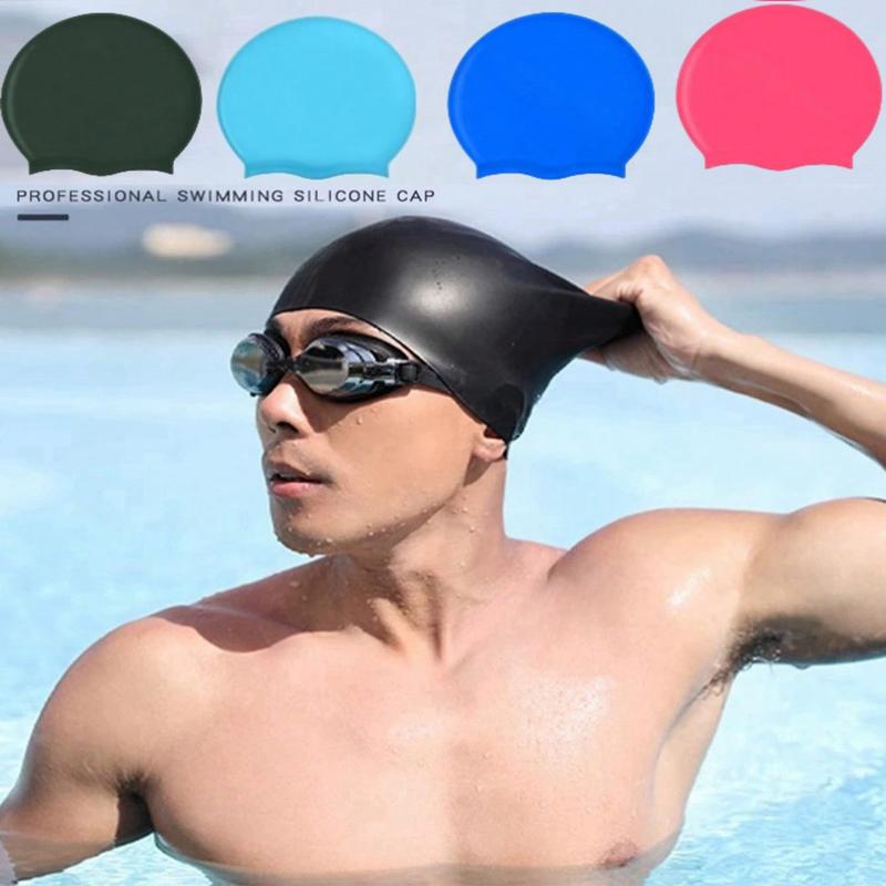 Silicone Adjustable Swim Cap with Ear Protection, Waterproof Swimming Hat for Long Hair Women & Men, Non-Chafing Bathing Cap for Water Sports