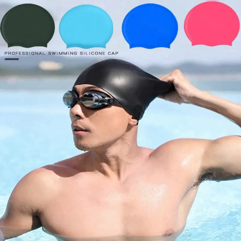 Silicone Adjustable Swim Cap with Ear Protection, Waterproof Swimming Hat for Long Hair Women & Men, Non-Chafing Bathing Cap for Water Sports