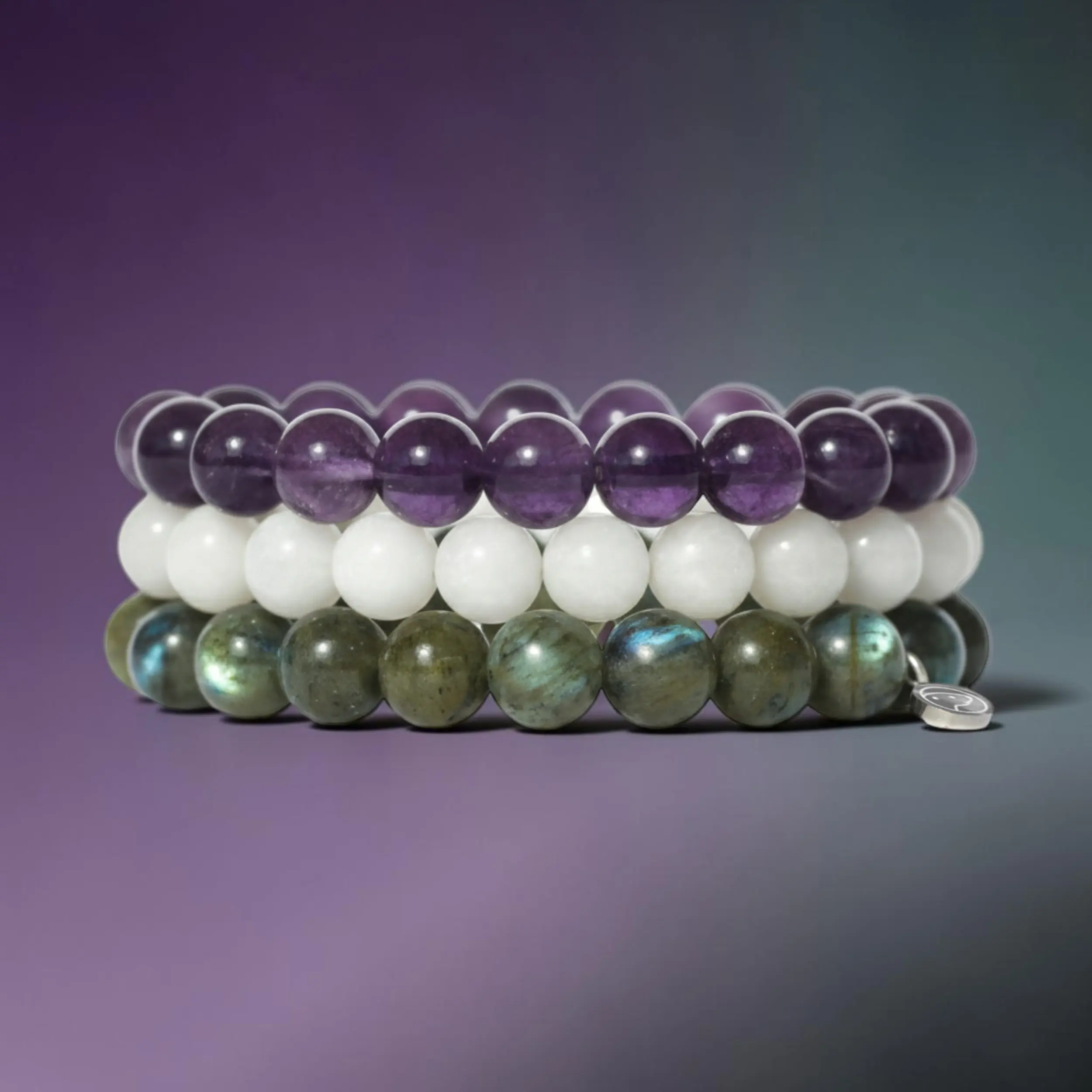 Women's Divine Feminine 3-Piece Crystal Bracelet Set - 8mm Gemstones, Amethyst, Labradorite, Moonstone, Sterling Silver Otter Spirit Charm, Intuition, Feminine Energy, Transformation, Calm, Clarity, for Adults