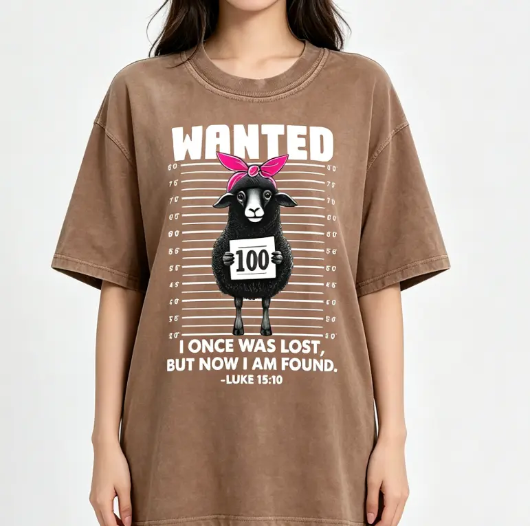 Women's Body Hugging 100% Cotton Washed Casual Graphic Round Neck Tee Top - "Wanted Black Sheep - I Once Was Lost", Body Hugging Women's T-Shirts