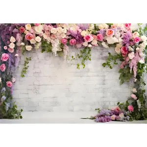Retro White Brick Wall Floral Arch Backdrop 10x8ft Rose  Vine Leaves Photography Background Birthday Bridal Shower Wedding Party Banner Room Decor Portraits Photoshoot Wallpaper