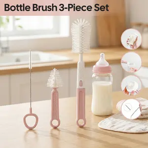 All-in-one Multifunctional Bottle Brush Kit Four types of brush heads- Newborn Essentials Gift, Portable Cleaning Tool for Home & Travel, Baby Bottle Cleaner Brush for Breast Pumps & Nipples,Pink, gray, khaki